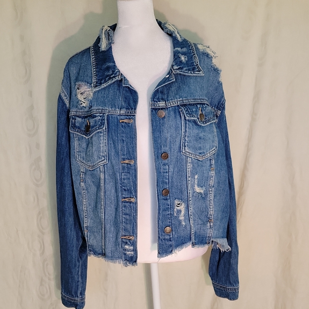 NWOT Distressed Blue Jean Jacket with Frayed Details